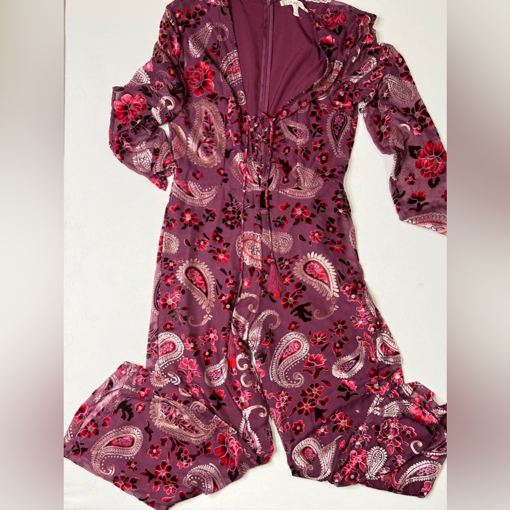 Chelsea & Violet Burgundy Paisley Velvet Burnout Jumpsuit Long Sleeve Sz. Large